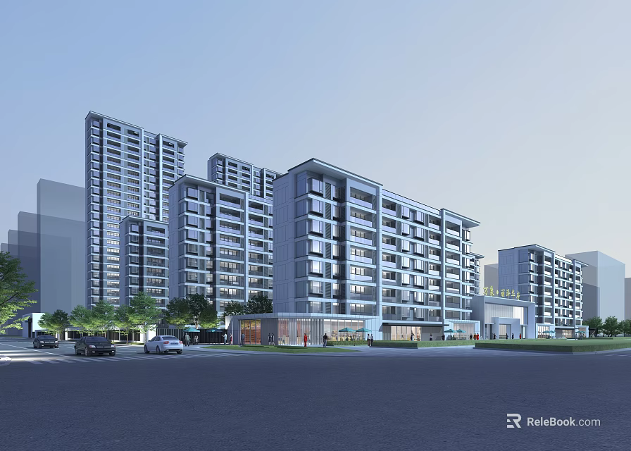 Modern High Rise Residential Buildings with Exterior Window Design and Landscaped Surroundings Including Parking Area 3d model 