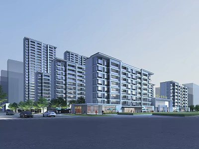 Modern High Rise Residential Buildings with Exterior Window Design and Landscaped Surroundings Including Parking Area 3d model