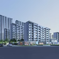 Modern High Rise Residential Buildings with Exterior Window Design and Landscaped Surroundings Including Parking Area