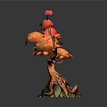 Cartoon Scene Featuring Tree With Red Orange Leaves Twisted Trunk Coiled Roots And Rock Base