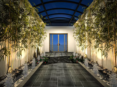 Elevator Hallway Design With Bamboo Plants Glass Ceiling Stone Floor And Water Features Lighting 3d model