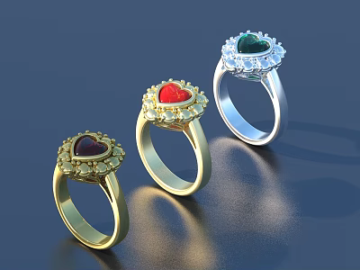 Three Elegant Gemstone Rings With Gold And Silver Bands Red Green Dark Heart Shaped Gems 3d model