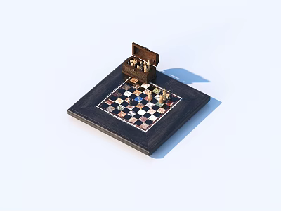 Wooden Chessboard With Black And White Squares And Open Chess Piece Box On Base 3d model
