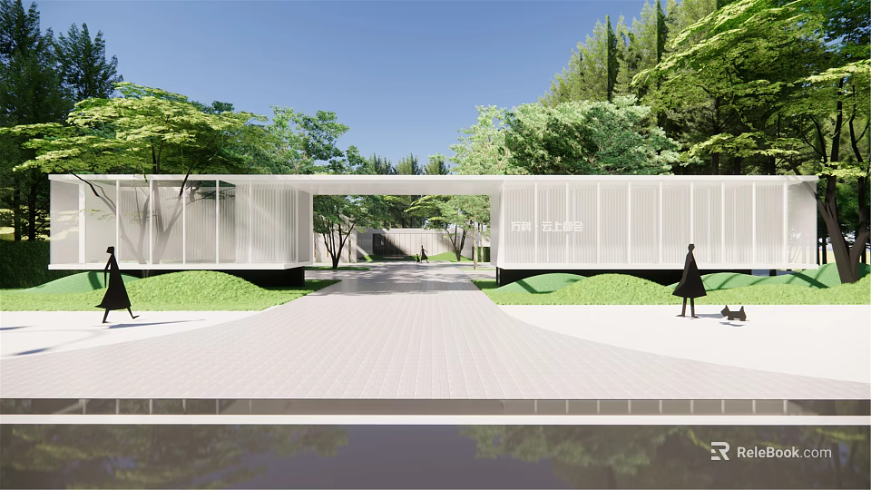 Modern Entrance Gate in Contemporary Design with Lush Green Trees and Paved Pathway 3d model 