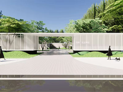 Modern Entrance Gate in Contemporary Design with Lush Green Trees and Paved Pathway 3d model