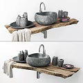 Rustic Stone Sink on Wooden Countertop with Bathroom Accessories and Towel