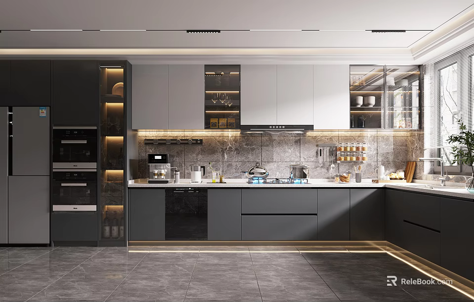 Modern Kitchen Interior With Gray And White Cabinets Stone Countertop Built In Appliances And Lighting 3d model 