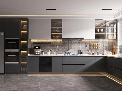 Modern Kitchen Interior With Gray And White Cabinets Stone Countertop Built In Appliances And Lighting 3d model