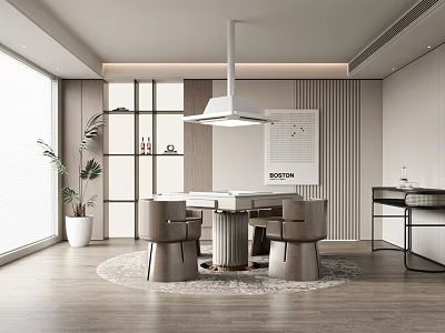 Hotel Mahjong Room Modern Interior Design With Round Table Comfortable Chairs Shelves And Plant 3d model