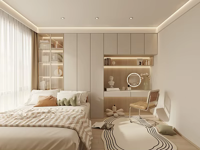 Cozy Tatami Bedroom With Striped Bedspread Storage Cabinets Dressing Table Mirror Chair And Natural Light 3d model