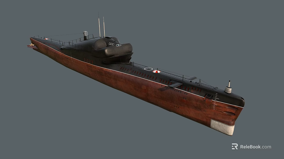 Vintage Submarine With Brown Hull And Black Command Tower Structure 3d model 