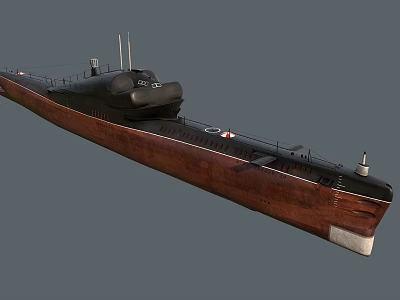 Vintage Submarine With Brown Hull And Black Command Tower Structure 3d model