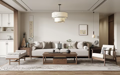 New Chinese Style Living Room Multi-person Sofa Leisure Chair Coffee Table Chandelier Decorative Painting 3d model