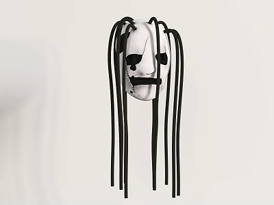 White Head Doll With Black Long Hair And Black Eyes Mouth Outline On Light Background 3d model