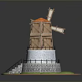 Detailed Windmill Model Featuring Wooden Tower Blades Stone Wall And Green Grass Base