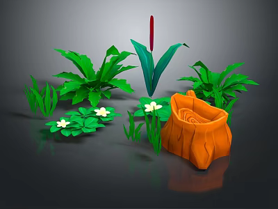 Various Green Plants With Different Leaf Shapes White Small Flowers And Orange Woven Basket 3d model