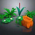 Various Green Plants With Different Leaf Shapes White Small Flowers And Orange Woven Basket