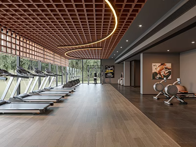 Modern Fitness Gym With Treadmills Rowing Machines Wooden Lattice Ceiling And Large Windows 3d model