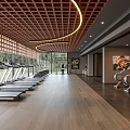 Modern Fitness Gym With Treadmills Rowing Machines Wooden Lattice Ceiling And Large Windows