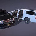 Black SUV and White Van Two Cars with Open Doors and Interior View