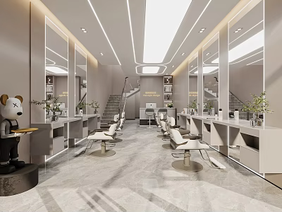 Modern Beauty Hair Salon Interior with Mirrors Salon Chairs Marble Flooring and Plants 3d model