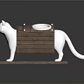 White Cat Standing Next To Wooden Elevated Food Bowl Platform