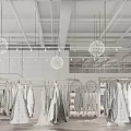 Modern Wedding Dress Shop Interior With Bridal Gowns Display Mirrors And Pendant Lighting
