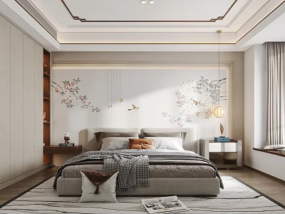 Modern Elegant Bedroom Interior Design With Beige Wardrobes Floral Bird Wall Decor And Pendant Light 3d model