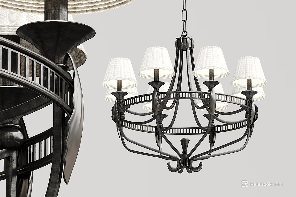 Classic Iron Chandelier With White Fabric Shades And Ornate Circular Design 3d model 