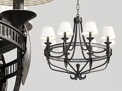 Classic Iron Chandelier With White Fabric Shades And Ornate Circular Design 3d model