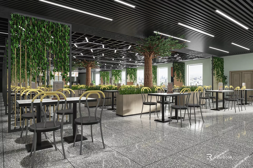 Modern Restaurant Space With Green Plant Walls Tree Decorations And Marble Floor 3d model 