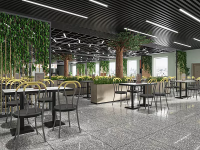 Modern Restaurant Space With Green Plant Walls Tree Decorations And Marble Floor 3d model