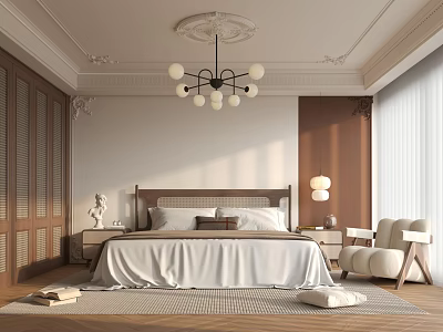 Elegant Bedroom Interior With Classic Ceiling Molding Chandelier Comfortable Bed And Accent Chair 3d model