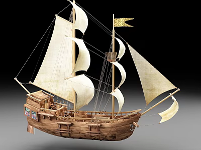 Wooden Sailing Ship With Multiple White Sails And Golden Flag 3d model