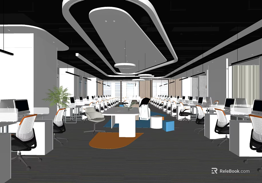 Modern Public Office Space With Open Layout Desks Computers Plants And Hanging Lights 3d model 