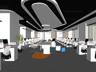 Modern Public Office Space With Open Layout Desks Computers Plants And Hanging Lights 3d model