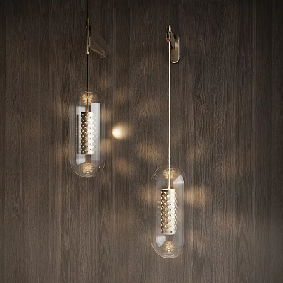 Two Modern Glass Chandeliers With Gold Metal Brackets On Dark Wooden Wall 3d model