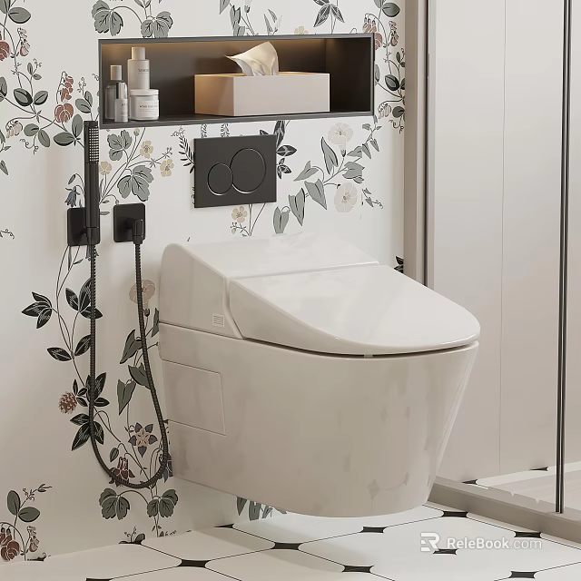 Modern Smart Toilet In Bathroom With Floral Wallpaper And Wall Control Panel 3d model 