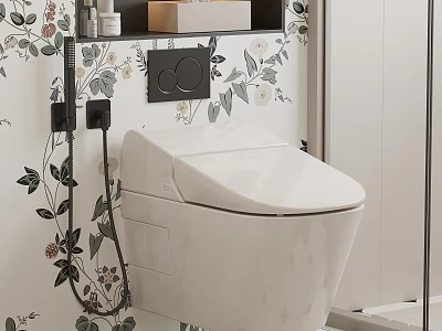 Modern Smart Toilet In Bathroom With Floral Wallpaper And Wall Control Panel 3d model