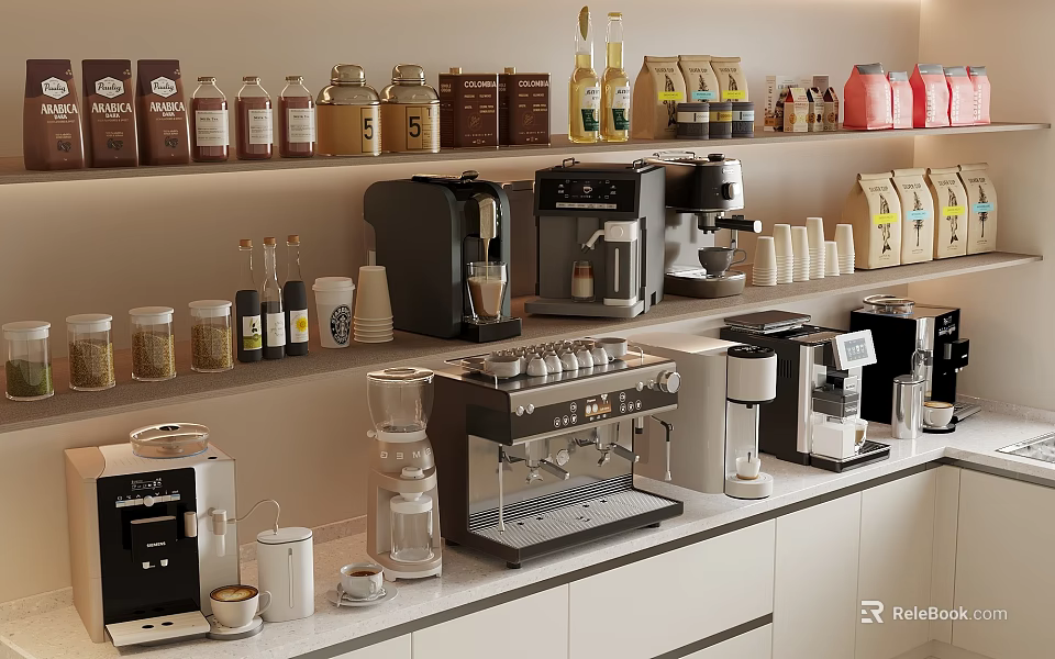 Modern Kitchen Appliances Display With Coffee Machines Blenders Jars Shelves And White Cabinets 3d model 