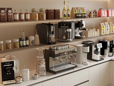 Modern Kitchen Appliances Display With Coffee Machines Blenders Jars Shelves And White Cabinets 3d model
