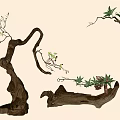 Bonsai Potted Plants with Natural Wood Curved Branches Green Leaves Red Berries and Wooden Bases