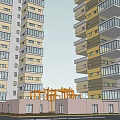 Two Yellow And Gray High Rise Residential Buildings With Surrounding Trees And Base Structure