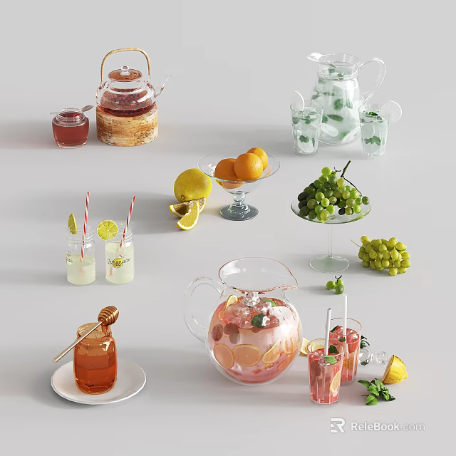 Refreshing Summer Drinks with Fresh Lemon Orange Grape and Honey in Pitcher Glasses 3d model 
