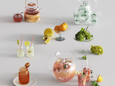 Refreshing Summer Drinks with Fresh Lemon Orange Grape and Honey in Pitcher Glasses 3d model