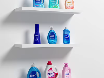 Laundry Cleaning Products On White Shelves With Colorful Bottles Neatly Arranged 3d model