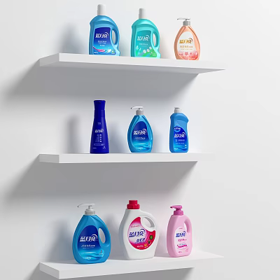 Laundry Cleaning Products On White Shelves With Colorful Bottles Neatly Arranged 3d model