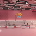 Pink KTV Interior With Circular Ceiling Lights Large Screen Projection And Decorations