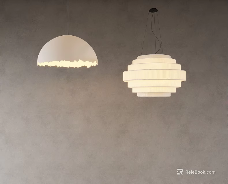 Two White Illuminated Chandeliers With Different Designs On Grey Wall Background 3d model