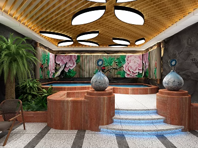 Luxurious SPA Sauna Interior with Golden Ceiling Circular Lights Floral Mural Green Plants and Hot Spring Pool 3d model